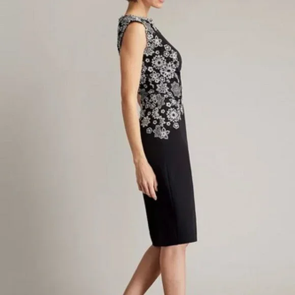 sachin and babi light blue dress Alice + Olivia Black Feather Trim Crepe Marigay Rosette Mini Dress XS main image 1